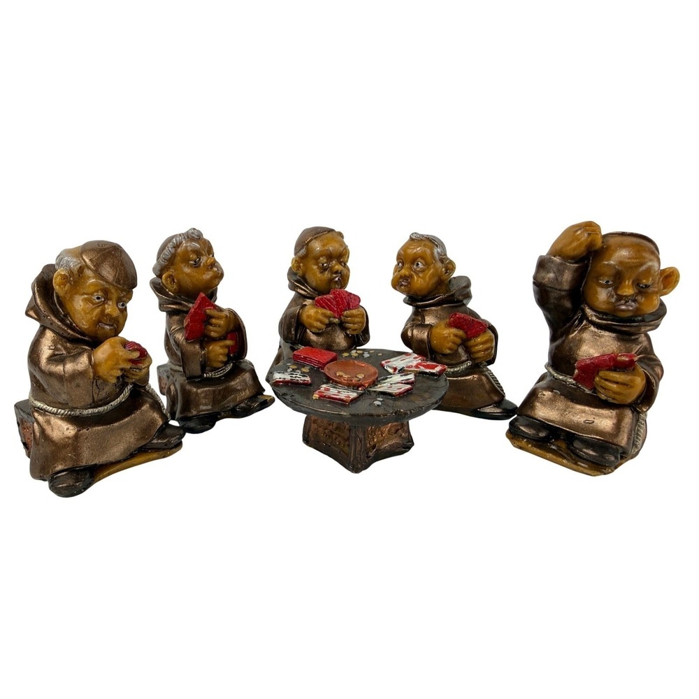Monks Playing Cards Figurines Set Table Game Resin Collectible Lot of 6 - BN